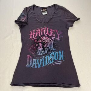 Vintage Y2K Harley-Davidson Shirt Womens S Purple Skull Graphic Wings Biker Ohio